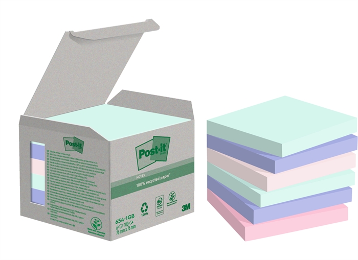 3M Post-it Recycled mix colors 76 x 76 mm, 100 sheets - 6 pack