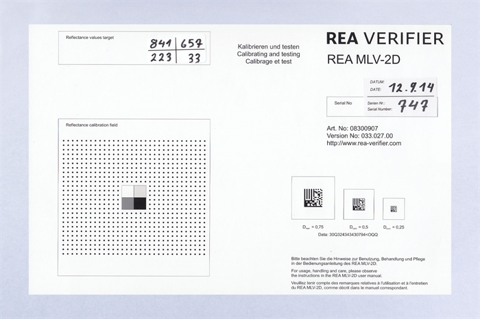 Calibration and adjustment card DataMatrix and grey fields.