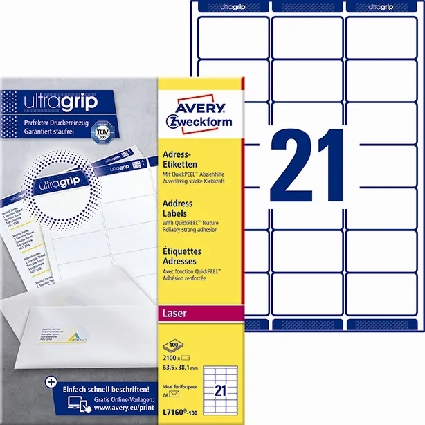 Avery L7160-100 Address Labels 63.5 x 38.1 mm QP+UG mm, 2100 pieces.