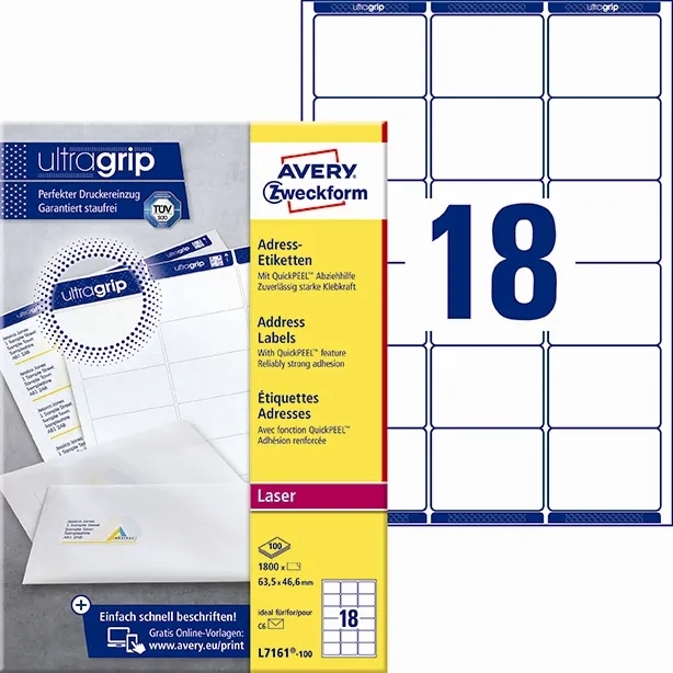 Avery L7161-100 Address labels 63.5 x 46.6 mm QP+UG mm, 1800 pieces.