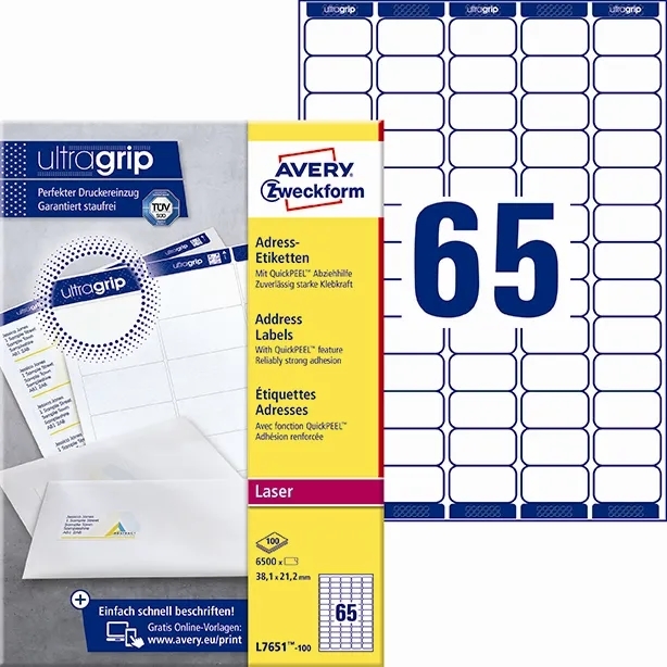 Avery L7651-100 Address Labels 38.1 x 21.2 mm QP+UG mm, 6500 pcs.